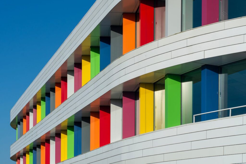 A vibrant and colorful modern building facade in Zoetermeer, Netherlands.